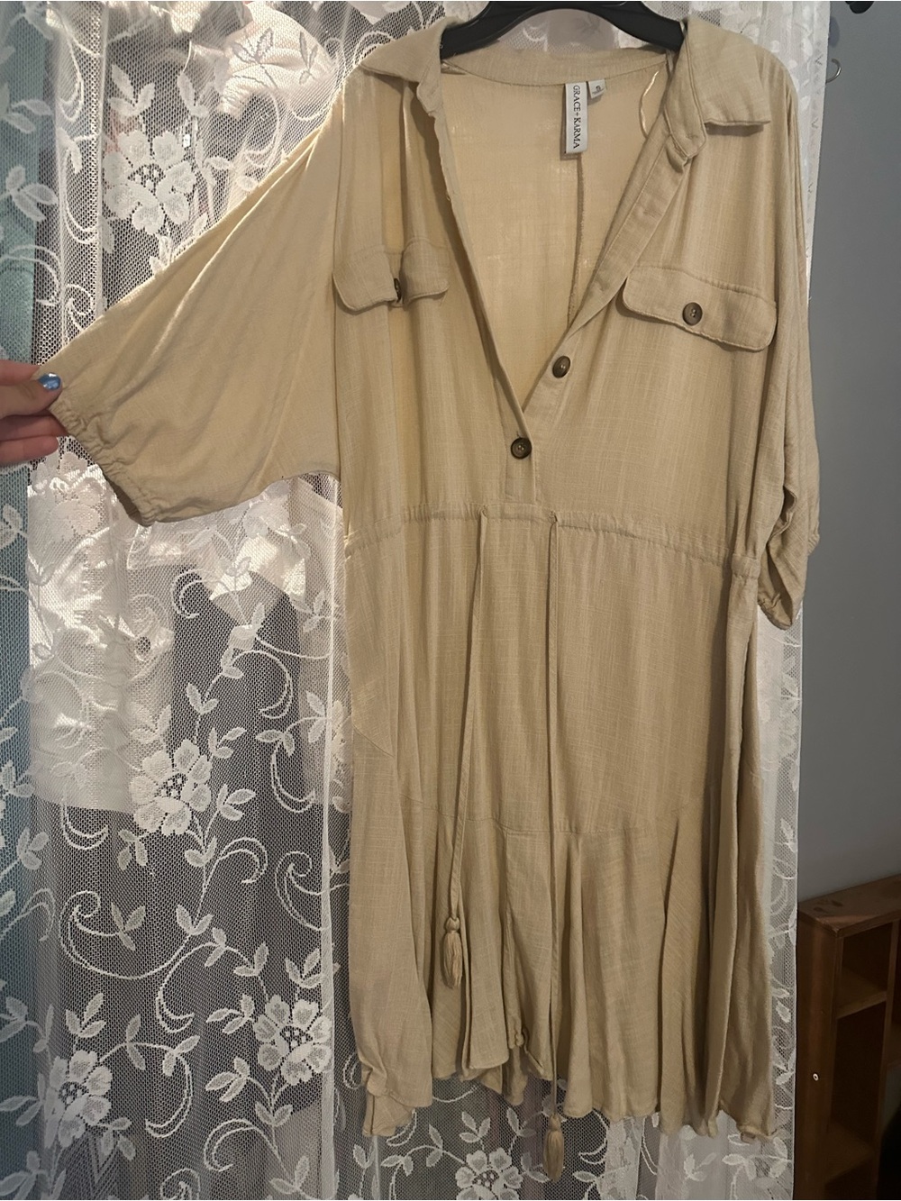 Light Tan Mini Dress with Button Front and Drawstring